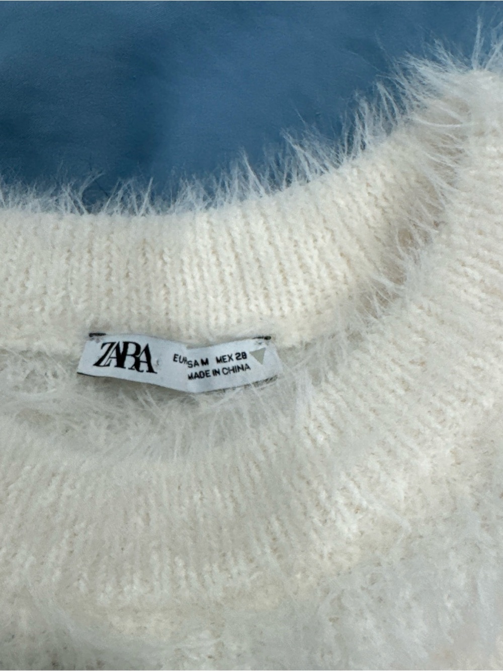 Zara Cream Fuzzy Crewneck Sweater with Floral Rosette Details - Picture 3 of 5